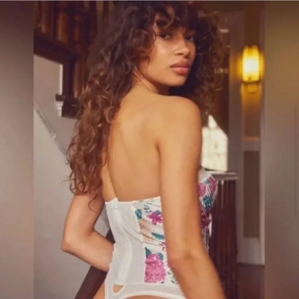 NWOT Free People Good Luck Charm Floral Printed Thong Bodysuit w/ Lace in White